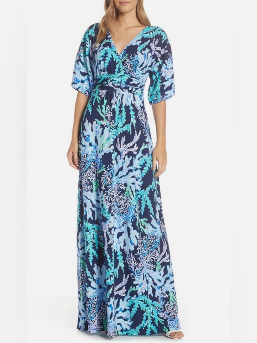 Lilly Pulitzer Parigi Maxi Dress Deep Indigo Blue Swish and Sway Corals Medium